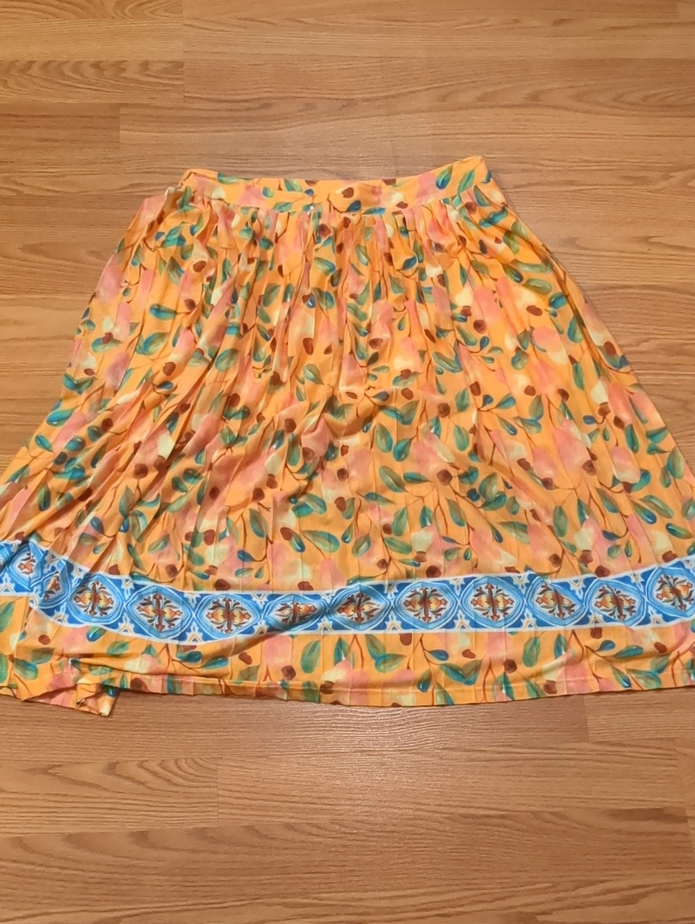 Farm Rio Orange Tropical Botanical Pleated Midi Skirt Blue Tile Border Viscose M
